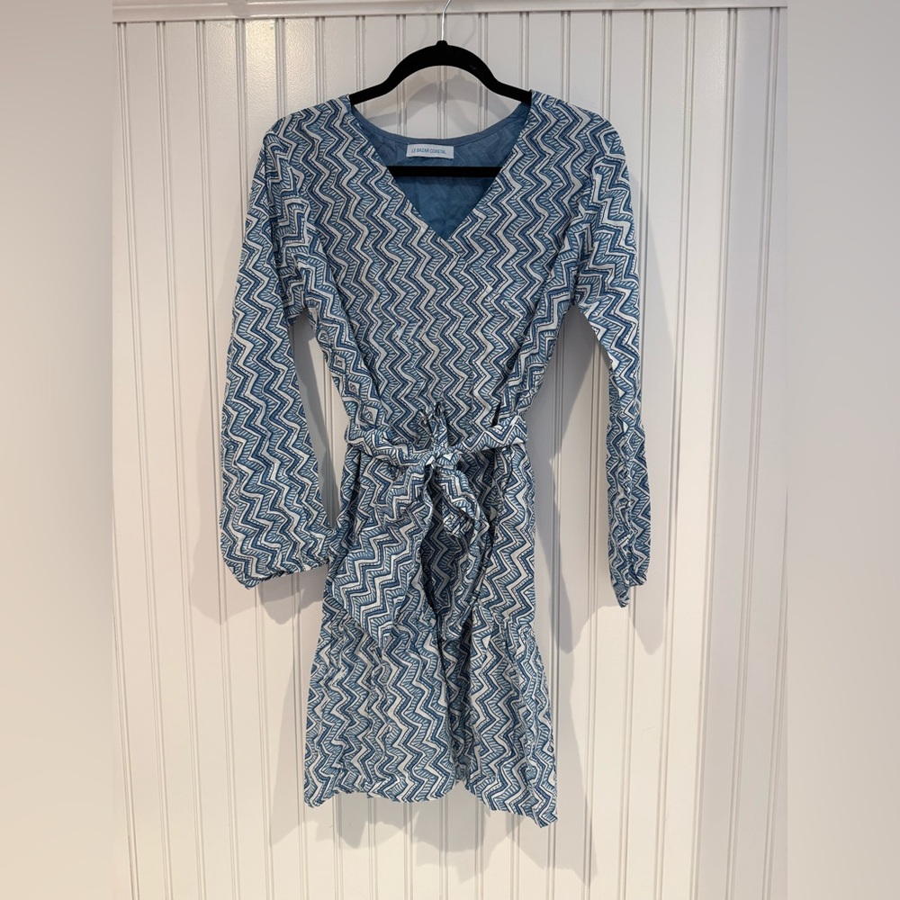 Blue and White Sheath Dress with Bishop Sleeves